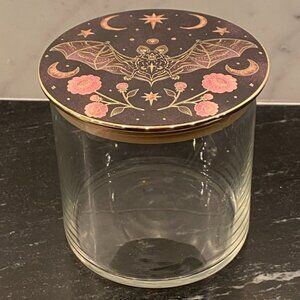 Celestial Stash Jar Clear Glass Painted Metal Lid with a Black Bat & Moon Stars